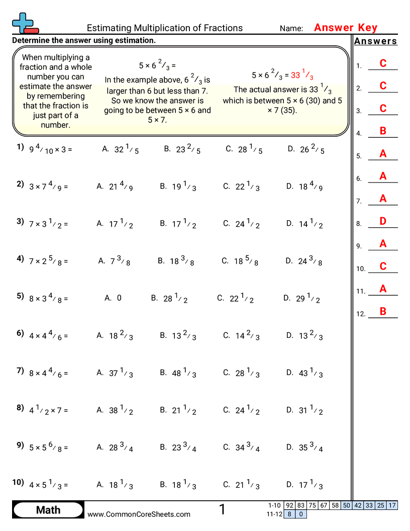 CCSS 5.NF.5B Worksheets - Estimating Multiplication of Fractions worksheet