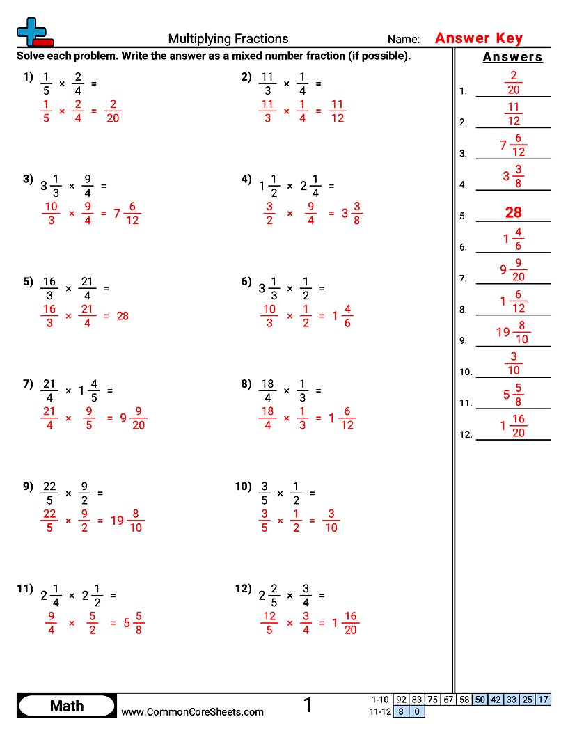 CCSS 5.NF.4A Worksheets - Multiplying Fractions worksheet
