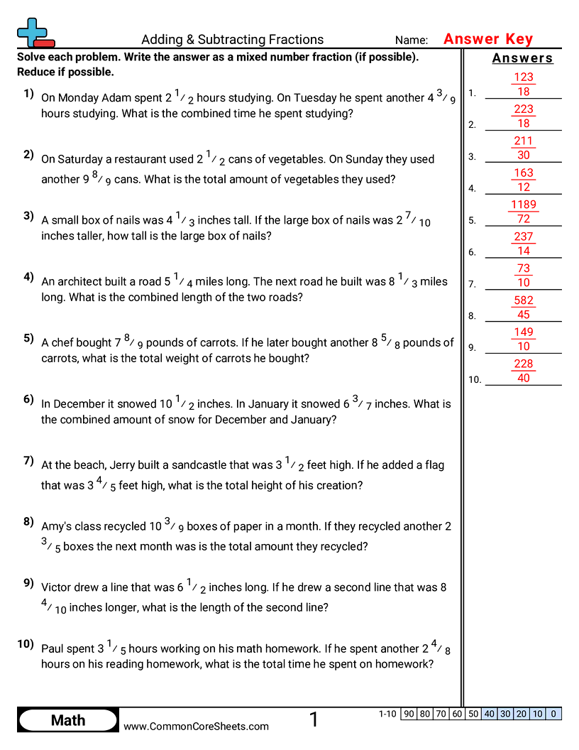 CCSS 5.NF.2 Worksheets - Word Problems Different Denom worksheet