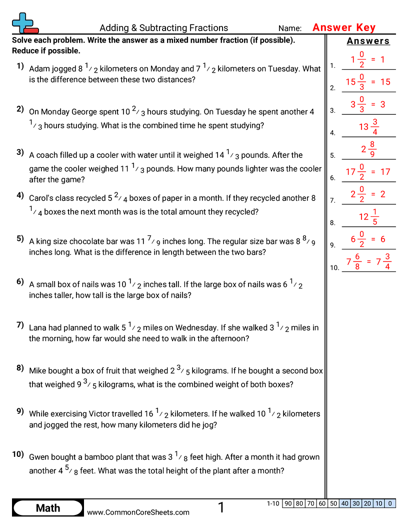 CCSS 4.NF.3D Worksheets - Word Problems Same Denominator worksheet