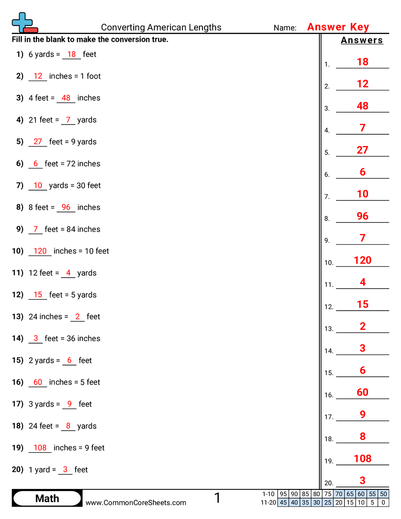 Converting American Lengths worksheet preview