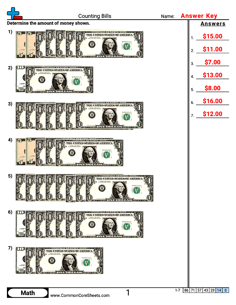CCSS 2.MD.8 Worksheets - Counting Bills worksheet