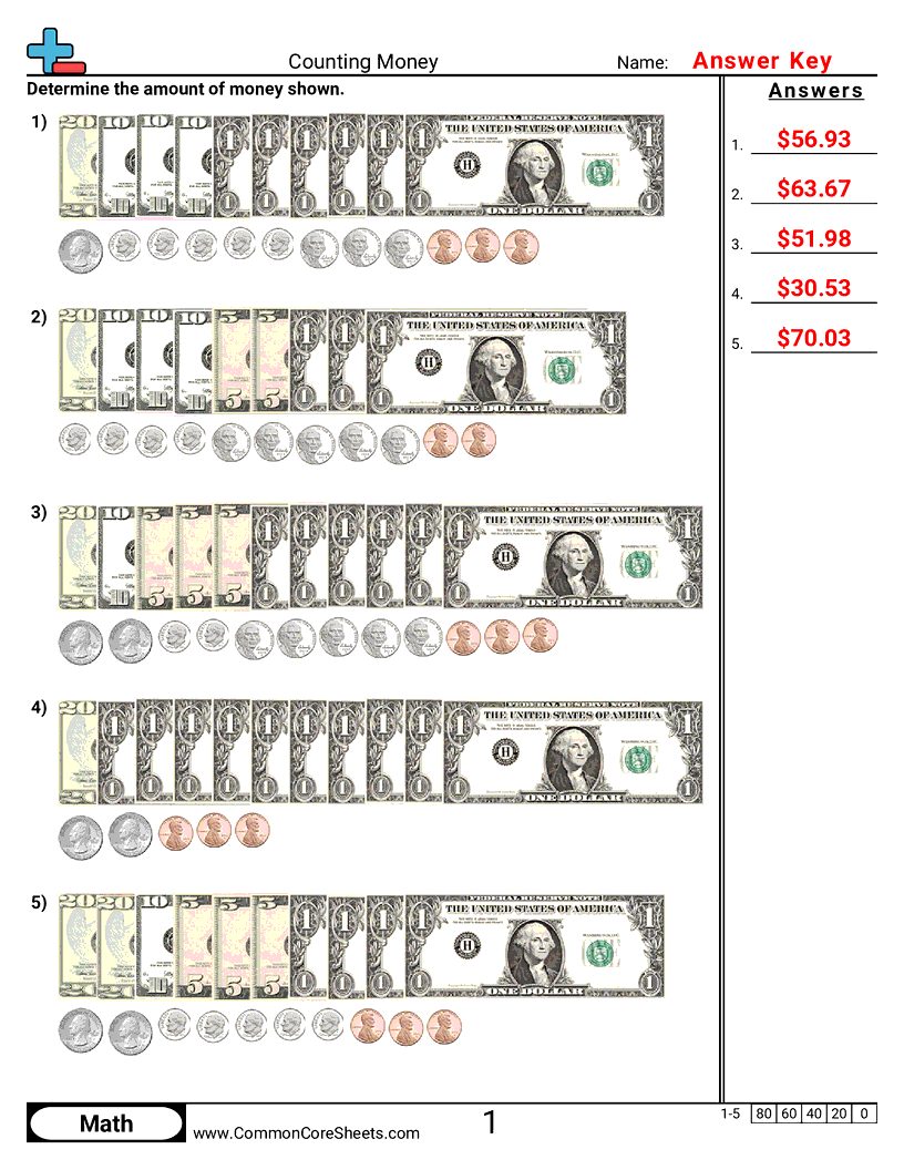 CCSS 2.MD.8 Worksheets - Counting Money (with change) worksheet