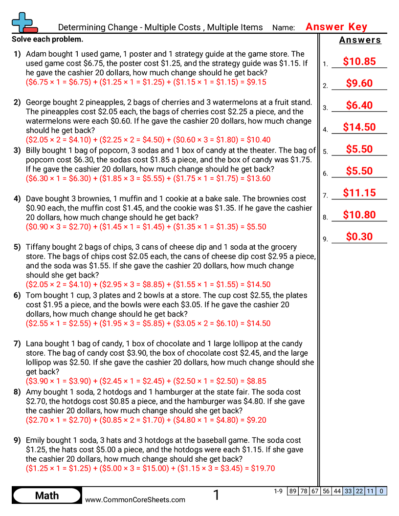 CCSS 4.MD.2 Worksheets - Multiple Items, Multiple Prices worksheet