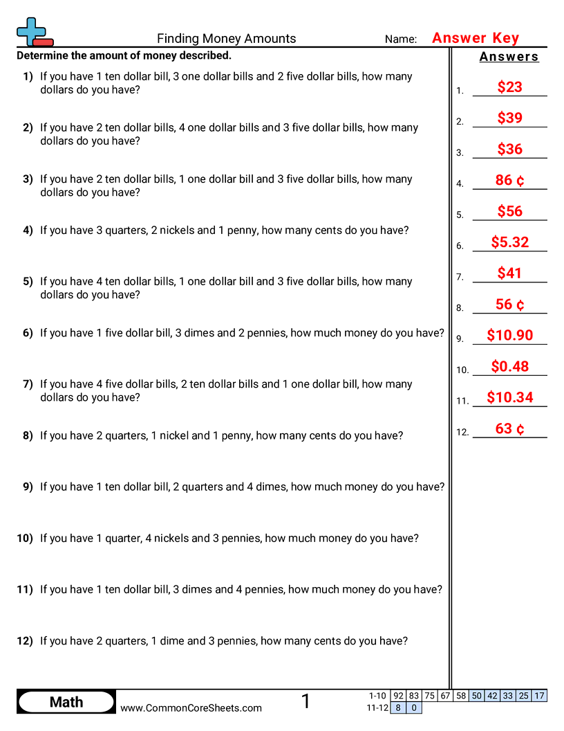 CCSS 2.MD.8 Worksheets - Find Amounts (Dollars and Cents) worksheet