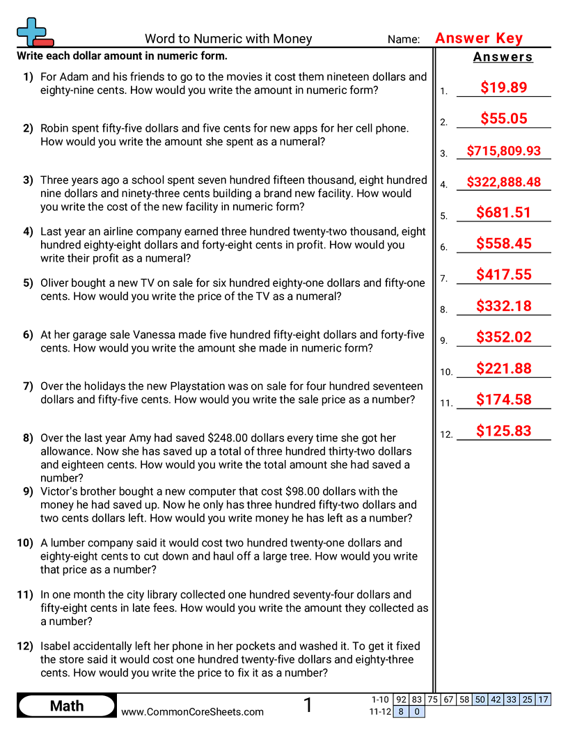CCSS 4.MD.2 Worksheets - Writing Value worksheet