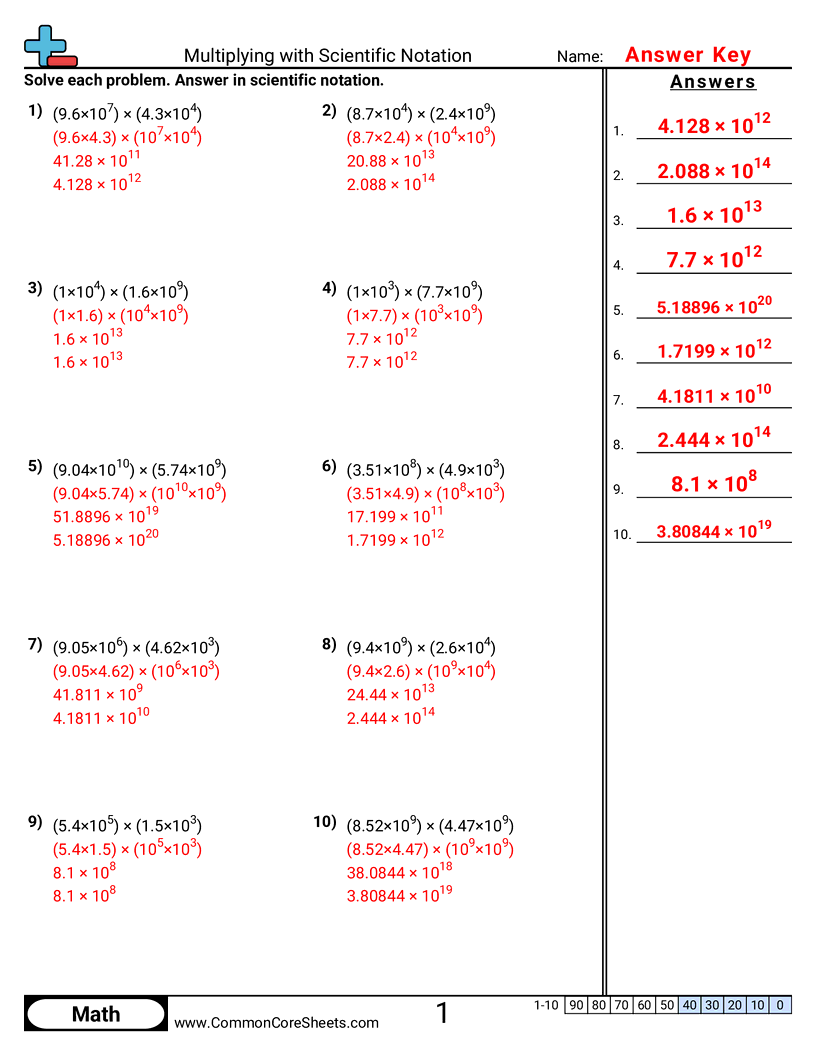 CCSS 8.EE.4 Worksheets - Multiplying with Scientific Notation worksheet