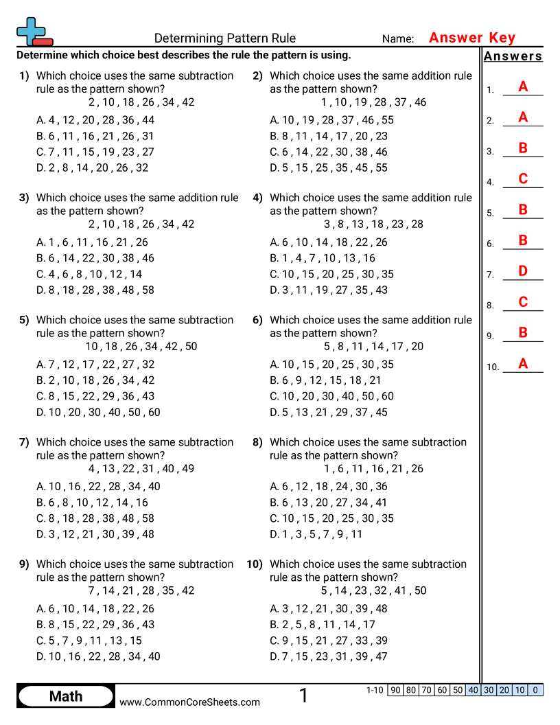 CCSS 5.OA.3 Worksheets - Finding Same Pattern Rule worksheet