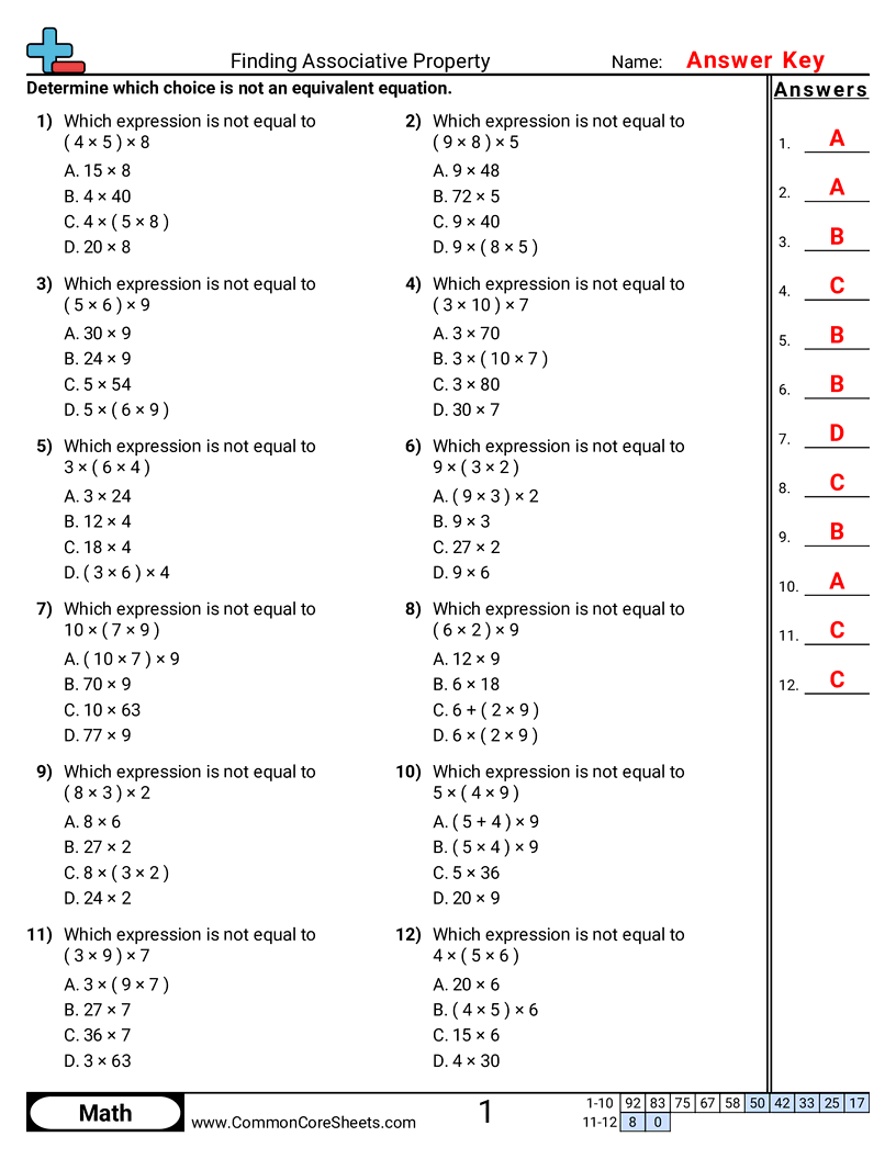 CCSS 3.OA.5 Worksheets - Finding Equivalent Associative Property  worksheet