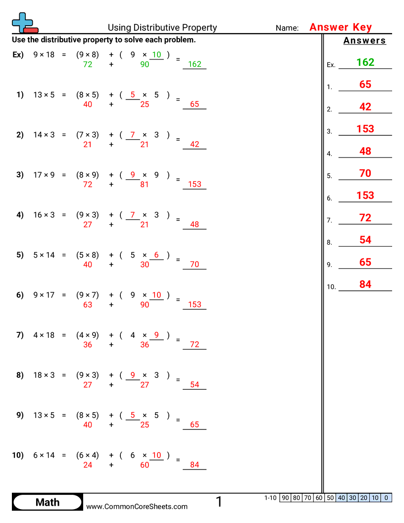 CCSS 3.OA.5 Worksheets - Using the Distributive Property worksheet