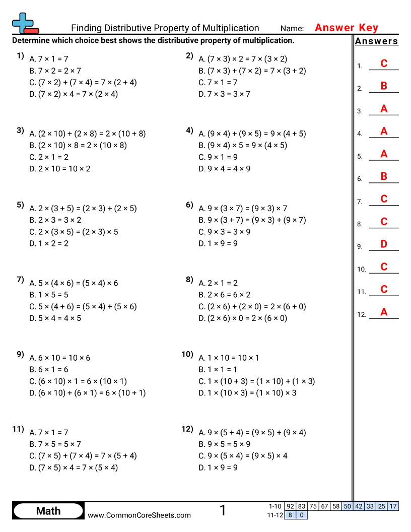 CCSS 3.OA.5 Worksheets - Distributive Property worksheet