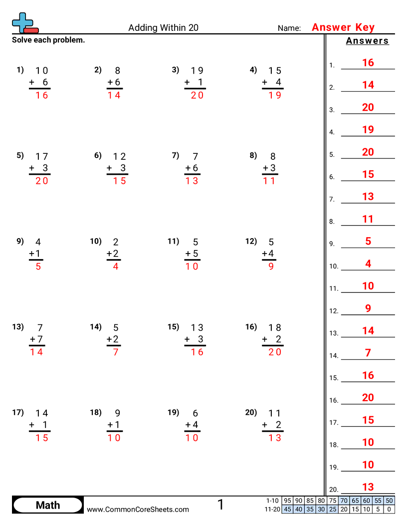 Adding Within 20 worksheet preview