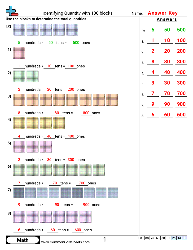 CCSS 2.NBT.1A Worksheets - Identifying Quantity with 100 blocks. worksheet