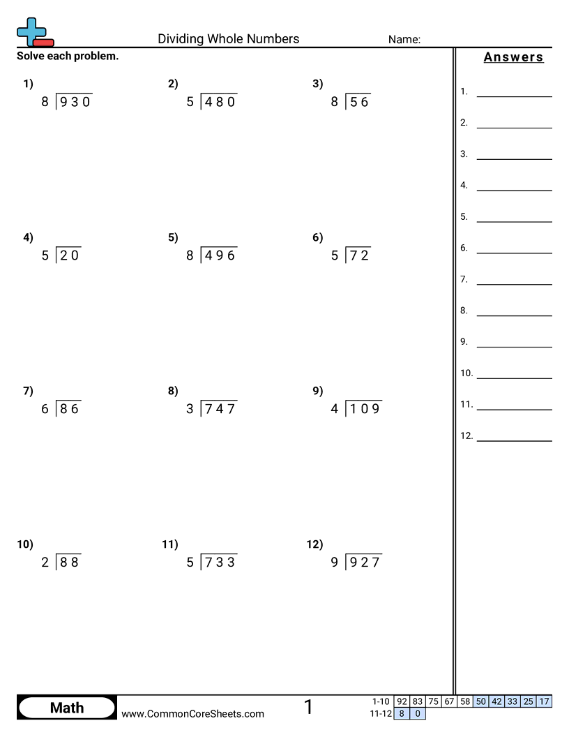 3 ÷ 1 (w/remainder) worksheet
