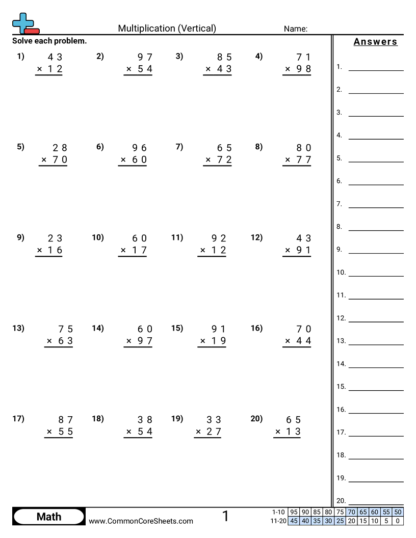 Vertical 2 digit × 2 digit worksheet