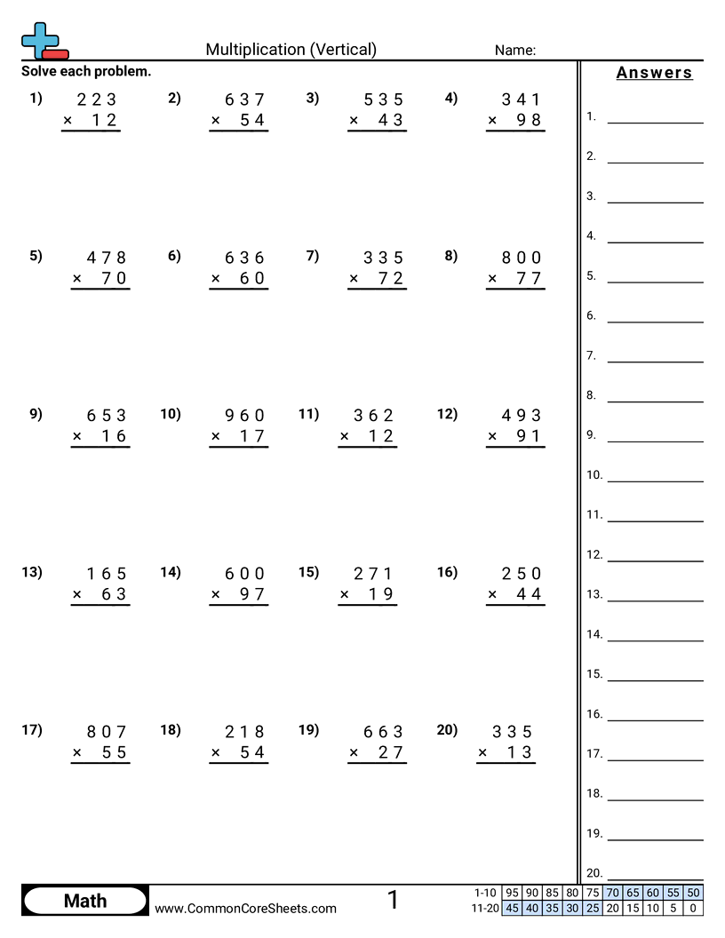 Vertical 3 digit × 2 digit worksheet