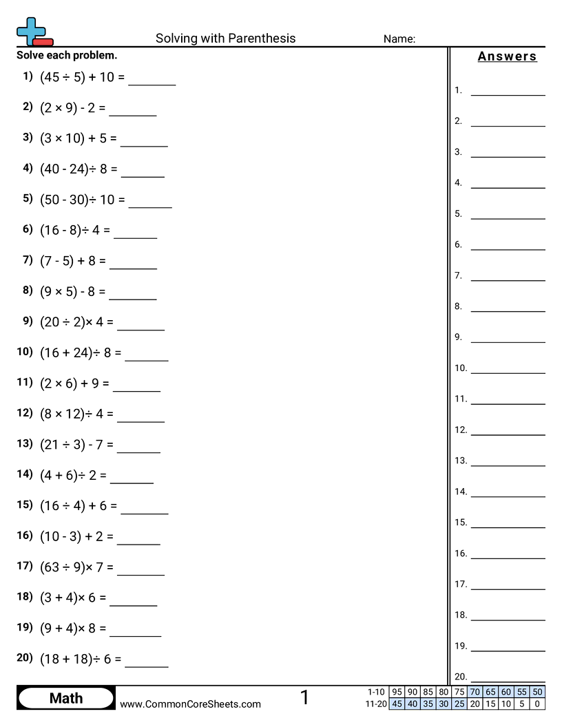Solving with Parenthesis worksheet
